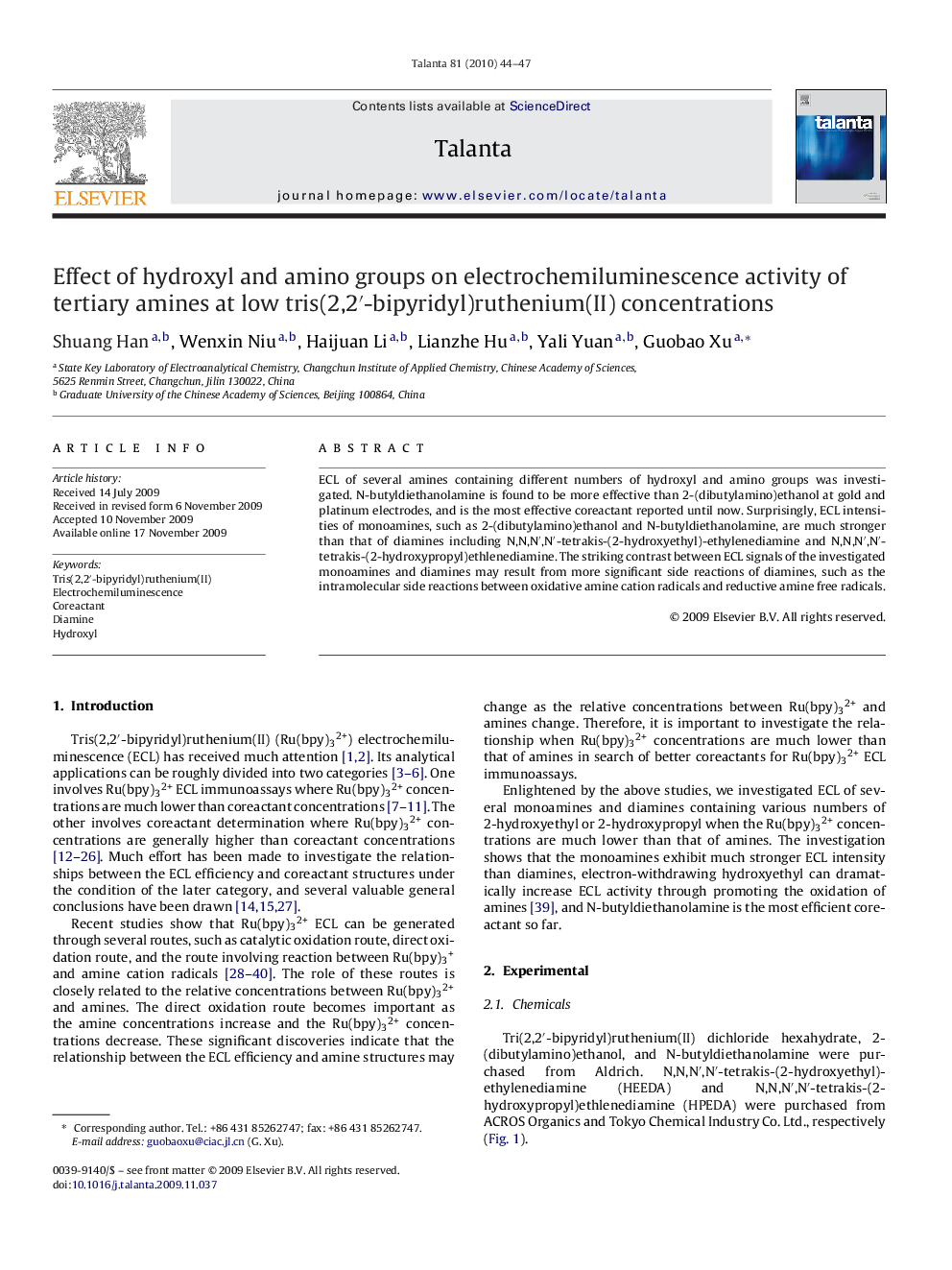 Effect of hydroxyl and amino groups on electrochemiluminescence activity of tertiary amines at low tris(2,2′-bipyridyl)ruthenium(II) concentrations