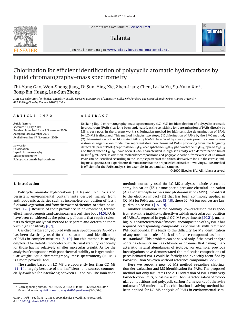 Chlorination for efficient identification of polycyclic aromatic hydrocarbons by liquid chromatography–mass spectrometry