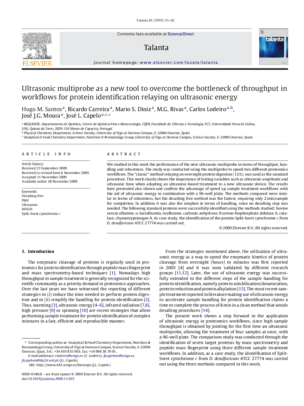 Ultrasonic multiprobe as a new tool to overcome the bottleneck of throughput in workflows for protein identification relaying on ultrasonic energy