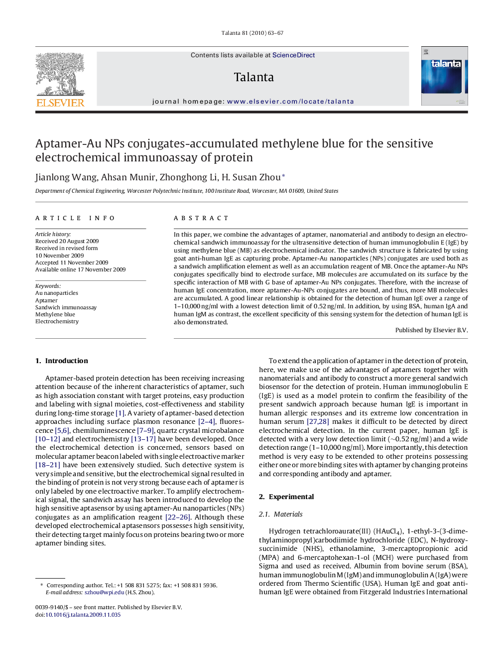 Aptamer-Au NPs conjugates-accumulated methylene blue for the sensitive electrochemical immunoassay of protein