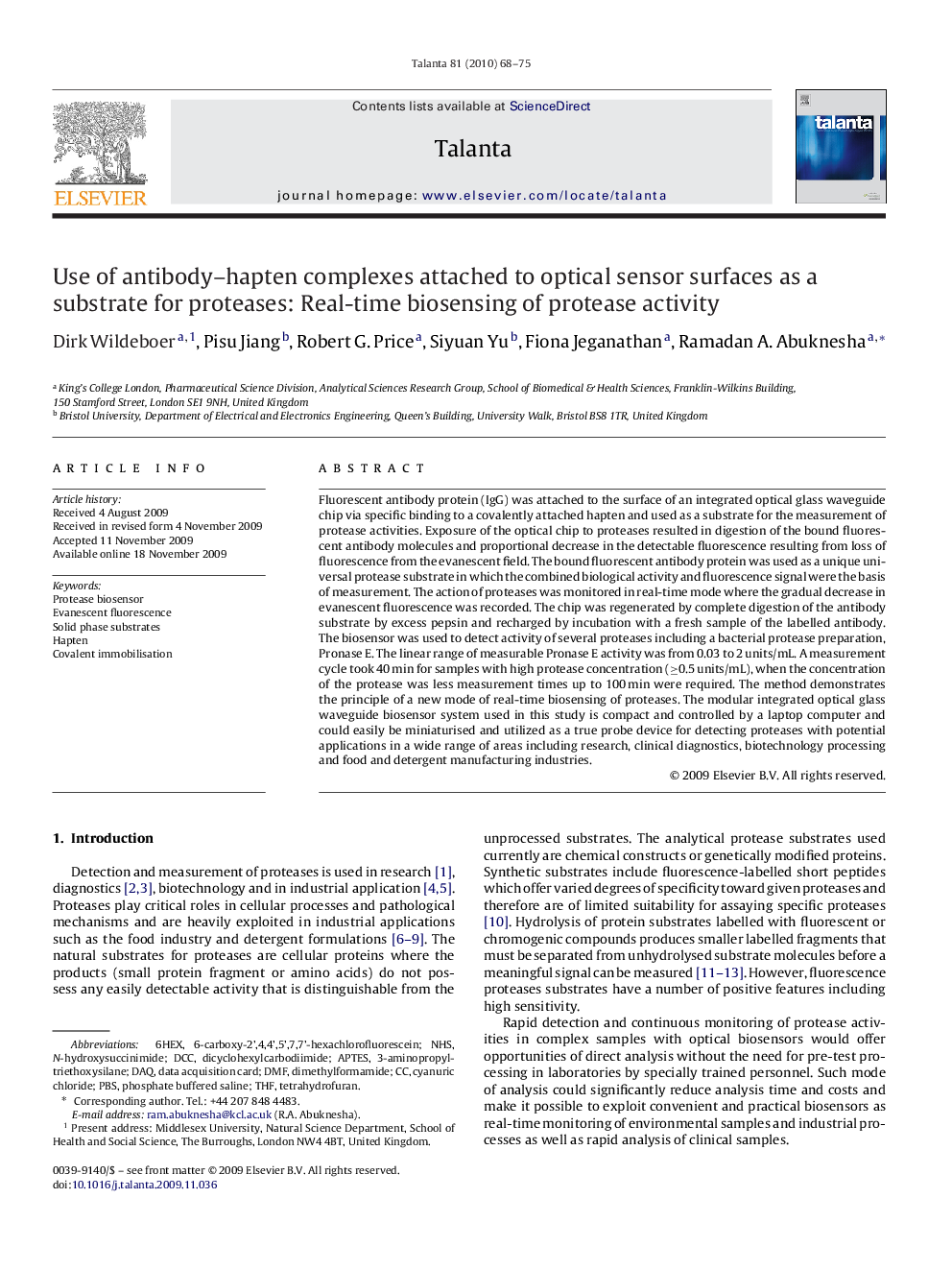 Use of antibody–hapten complexes attached to optical sensor surfaces as a substrate for proteases: Real-time biosensing of protease activity