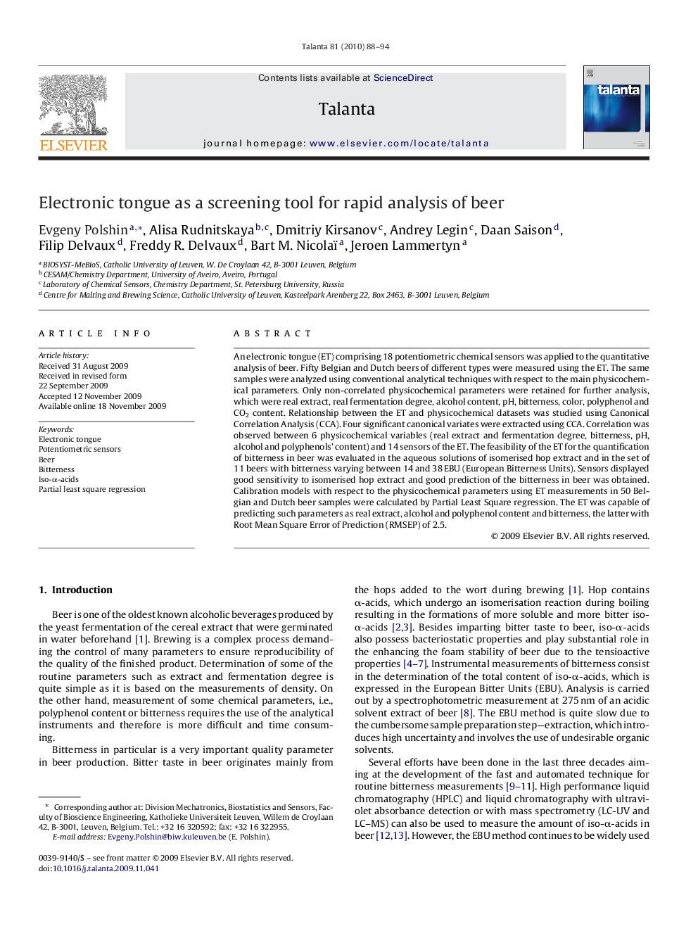 Electronic tongue as a screening tool for rapid analysis of beer