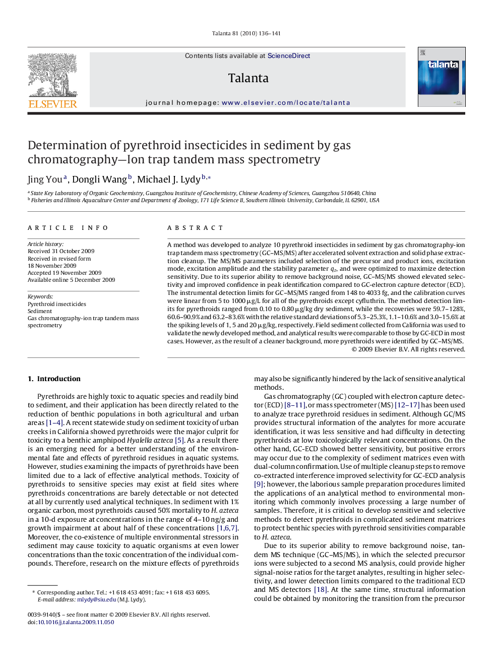 Determination of pyrethroid insecticides in sediment by gas chromatography—Ion trap tandem mass spectrometry