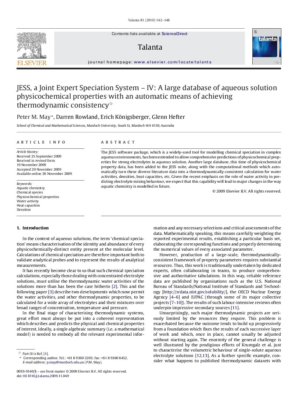 JESS, a Joint Expert Speciation System – IV: A large database of aqueous solution physicochemical properties with an automatic means of achieving thermodynamic consistency 