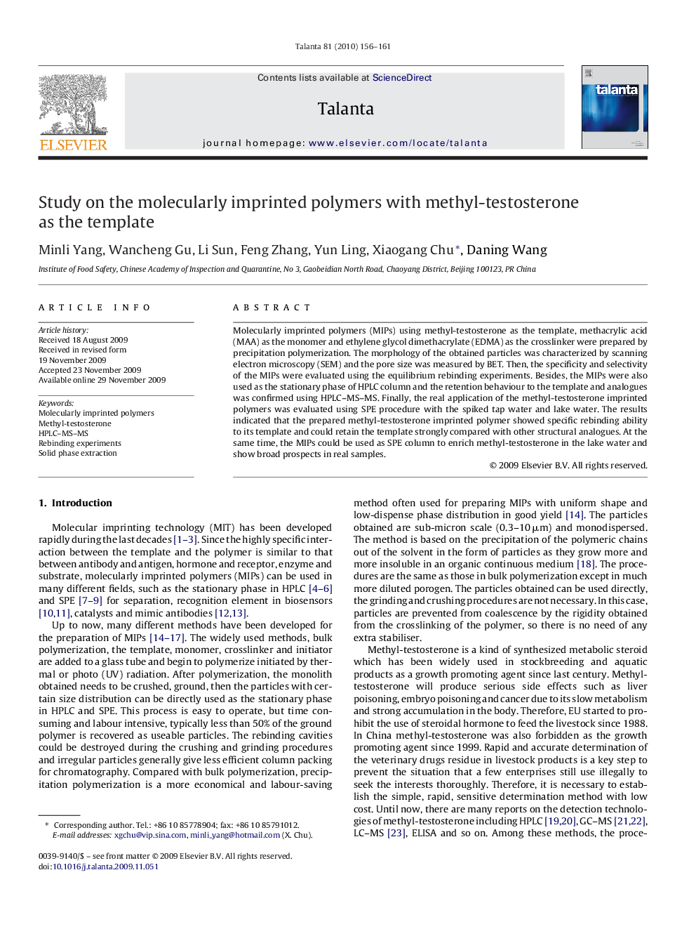 Study on the molecularly imprinted polymers with methyl-testosterone as the template