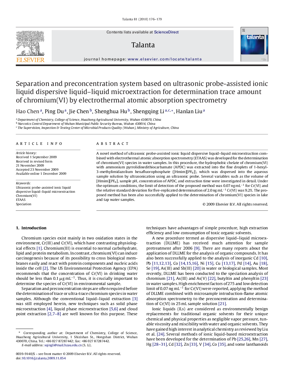 Separation and preconcentration system based on ultrasonic probe-assisted ionic liquid dispersive liquid–liquid microextraction for determination trace amount of chromium(VI) by electrothermal atomic absorption spectrometry