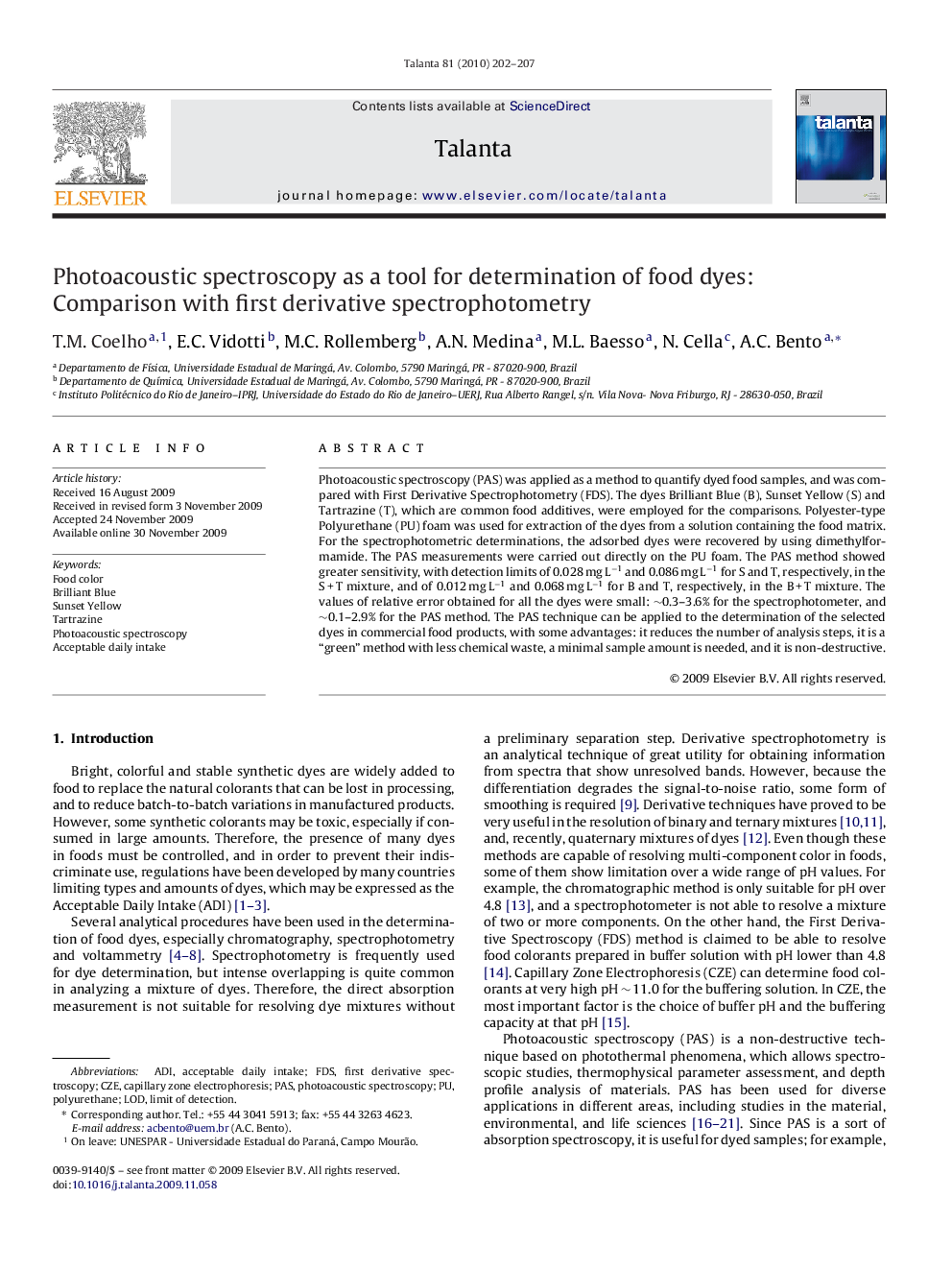 Photoacoustic spectroscopy as a tool for determination of food dyes: Comparison with first derivative spectrophotometry