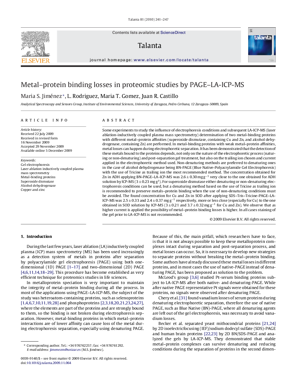 Metal–protein binding losses in proteomic studies by PAGE–LA-ICP-MS