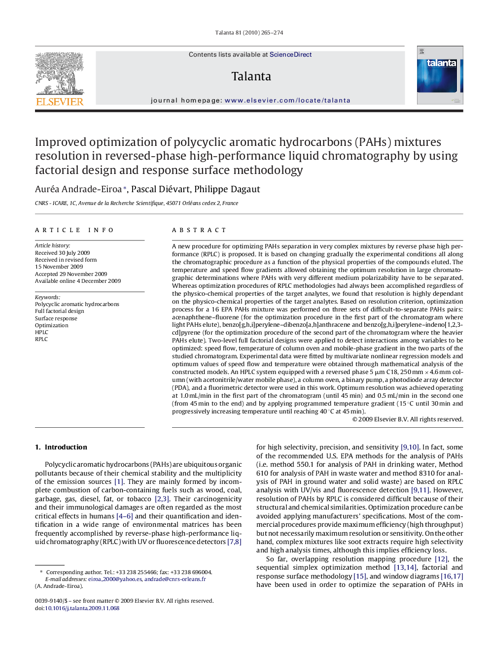 Improved optimization of polycyclic aromatic hydrocarbons (PAHs) mixtures resolution in reversed-phase high-performance liquid chromatography by using factorial design and response surface methodology