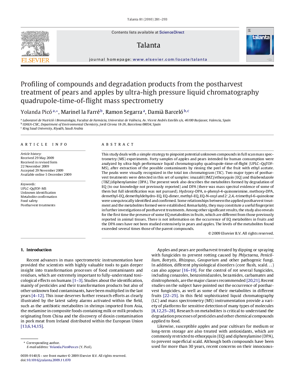 Profiling of compounds and degradation products from the postharvest treatment of pears and apples by ultra-high pressure liquid chromatography quadrupole-time-of-flight mass spectrometry