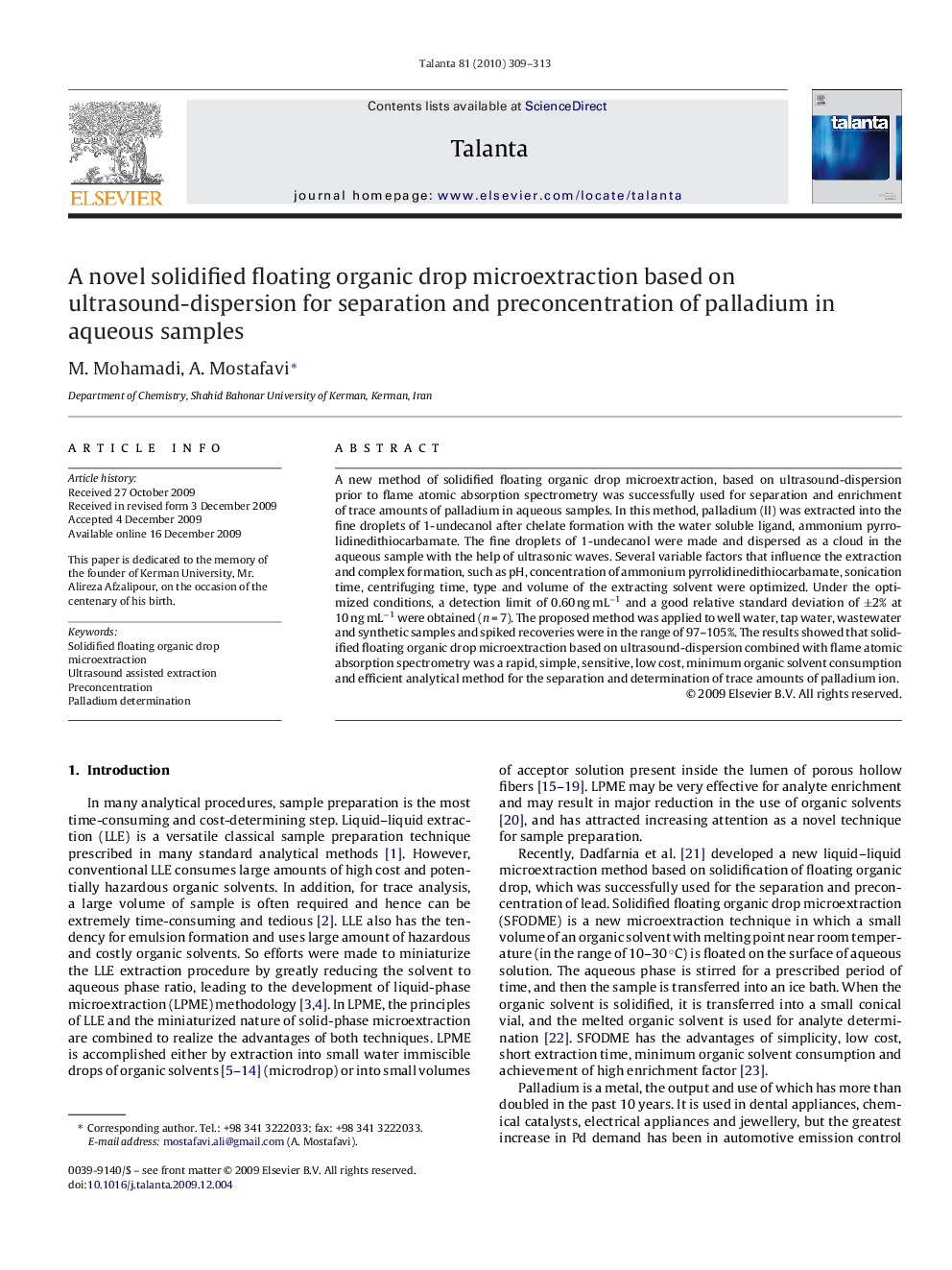 A novel solidified floating organic drop microextraction based on ultrasound-dispersion for separation and preconcentration of palladium in aqueous samples