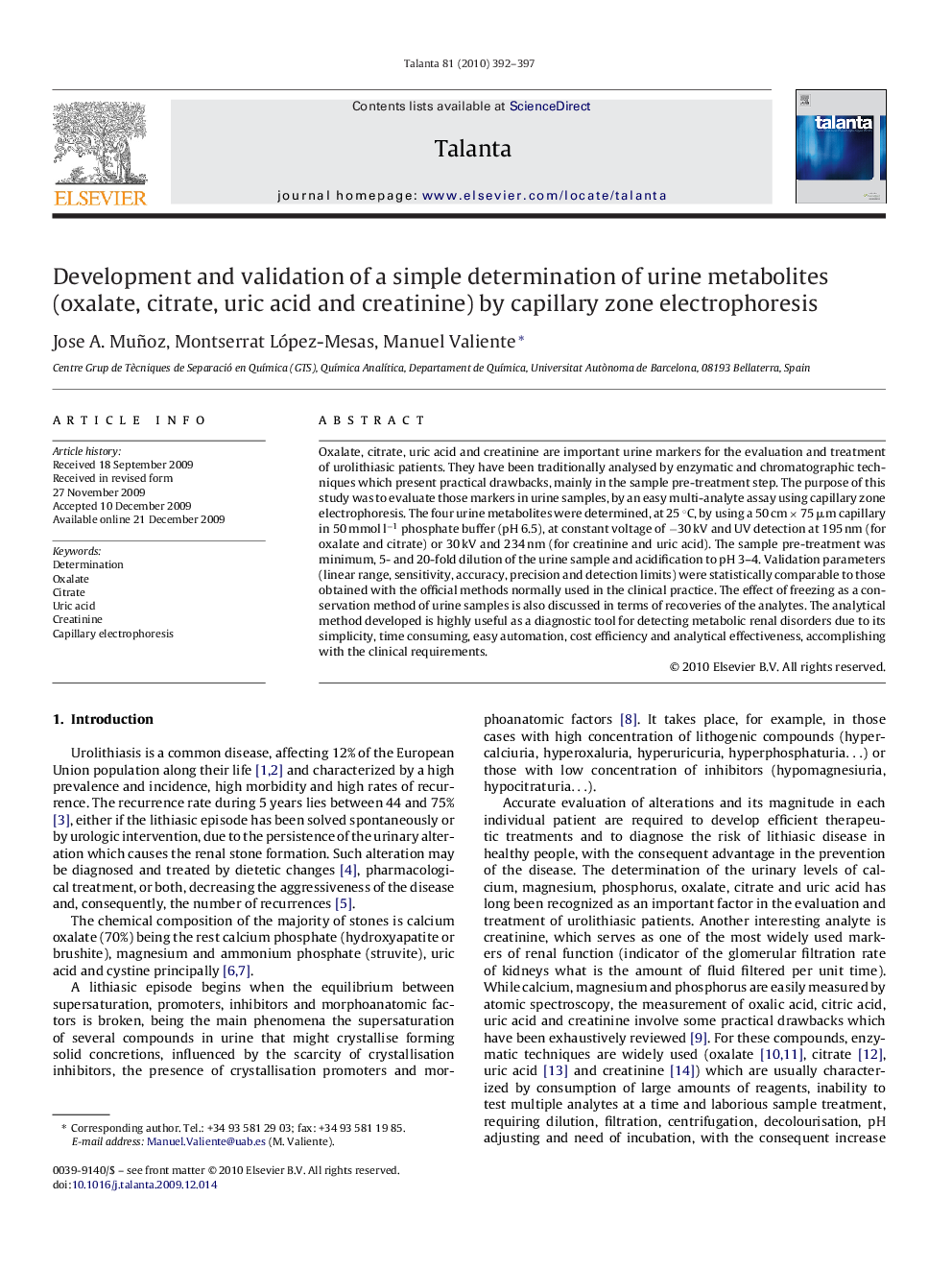 Development and validation of a simple determination of urine metabolites (oxalate, citrate, uric acid and creatinine) by capillary zone electrophoresis