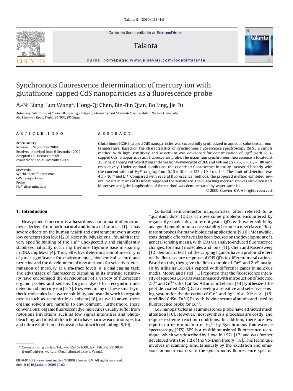 Synchronous fluorescence determination of mercury ion with glutathione-capped CdS nanoparticles as a fluorescence probe