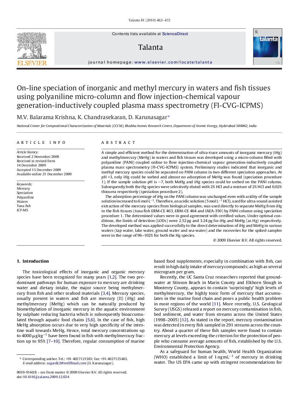 On-line speciation of inorganic and methyl mercury in waters and fish tissues using polyaniline micro-column and flow injection-chemical vapour generation-inductively coupled plasma mass spectrometry (FI-CVG-ICPMS)