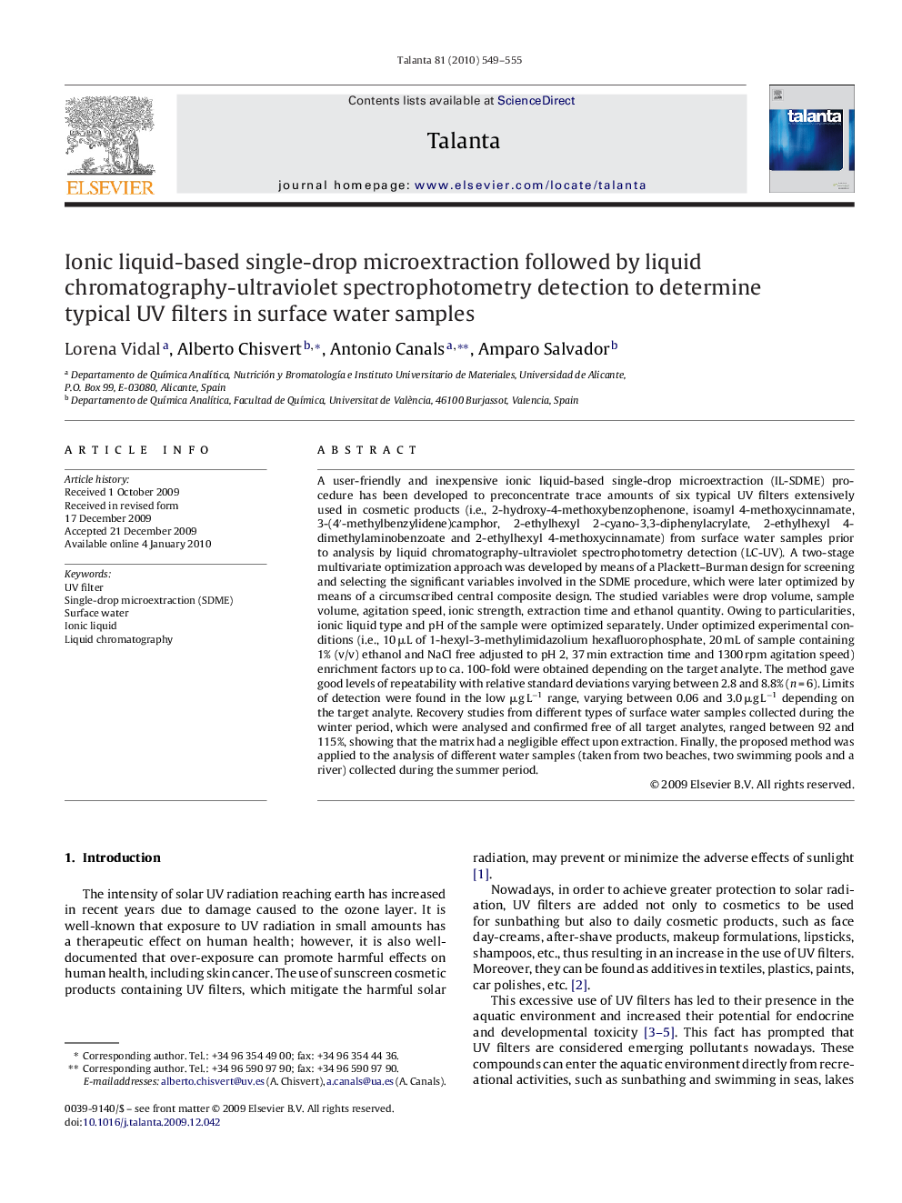 Ionic liquid-based single-drop microextraction followed by liquid chromatography-ultraviolet spectrophotometry detection to determine typical UV filters in surface water samples