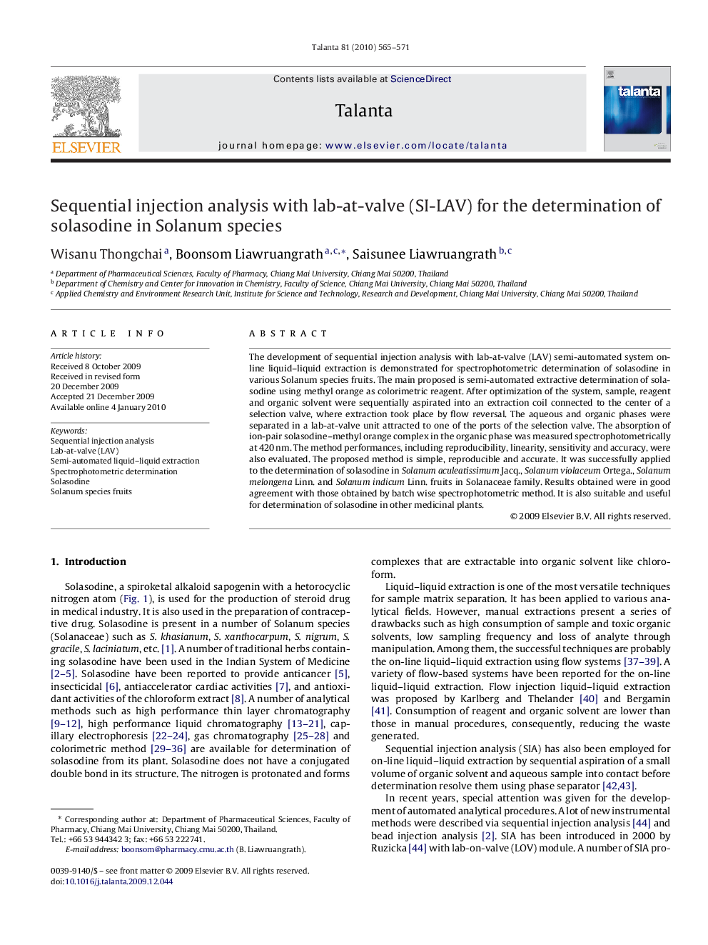 Sequential injection analysis with lab-at-valve (SI-LAV) for the determination of solasodine in Solanum species