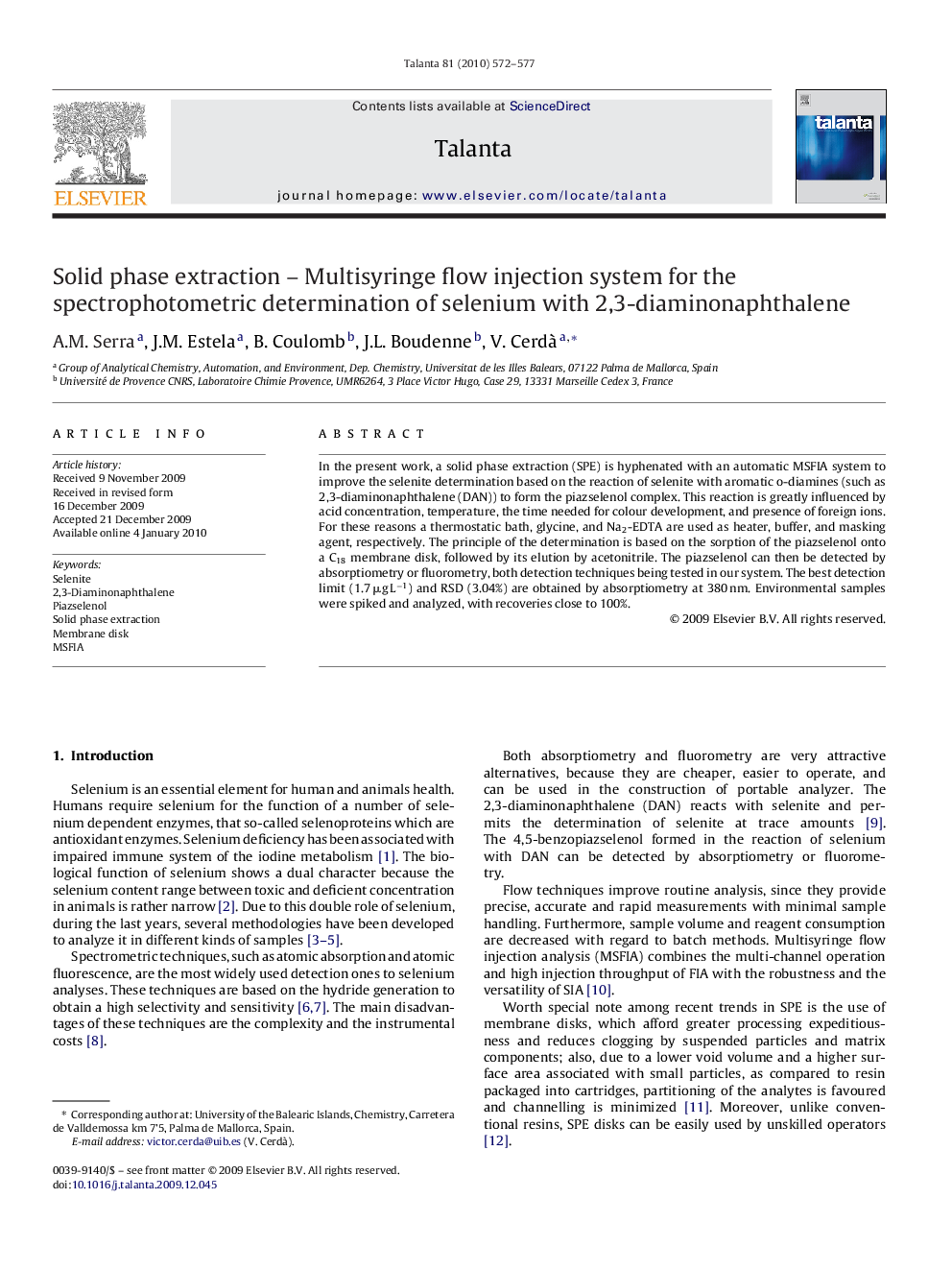 Solid phase extraction – Multisyringe flow injection system for the spectrophotometric determination of selenium with 2,3-diaminonaphthalene