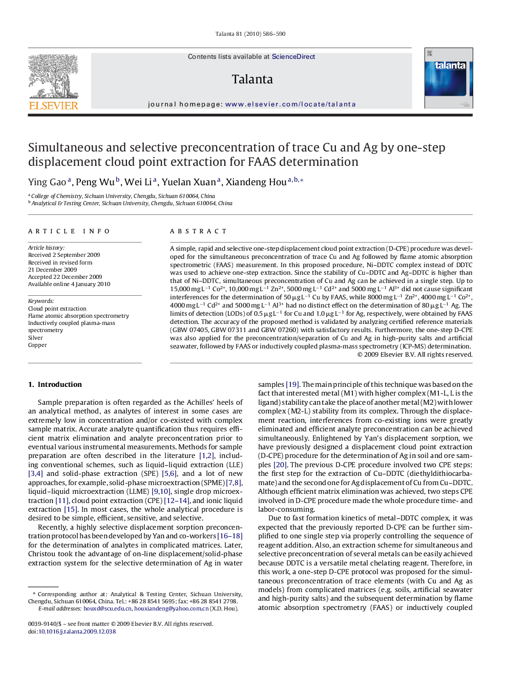 Simultaneous and selective preconcentration of trace Cu and Ag by one-step displacement cloud point extraction for FAAS determination