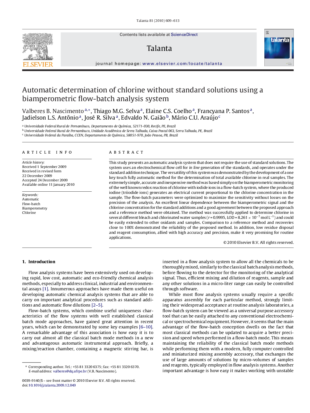 Automatic determination of chlorine without standard solutions using a biamperometric flow-batch analysis system