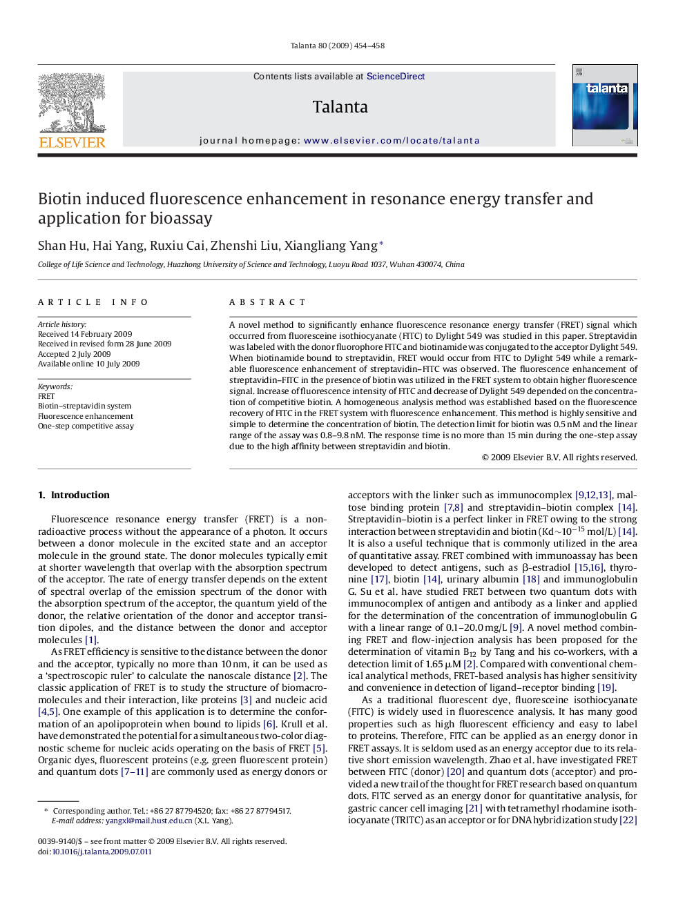 Biotin induced fluorescence enhancement in resonance energy transfer and application for bioassay