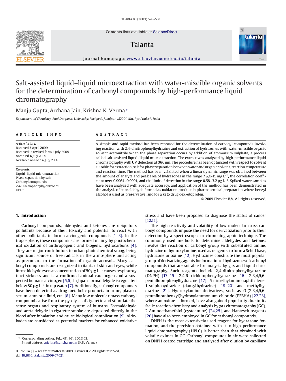 Salt-assisted liquid–liquid microextraction with water-miscible organic solvents for the determination of carbonyl compounds by high-performance liquid chromatography