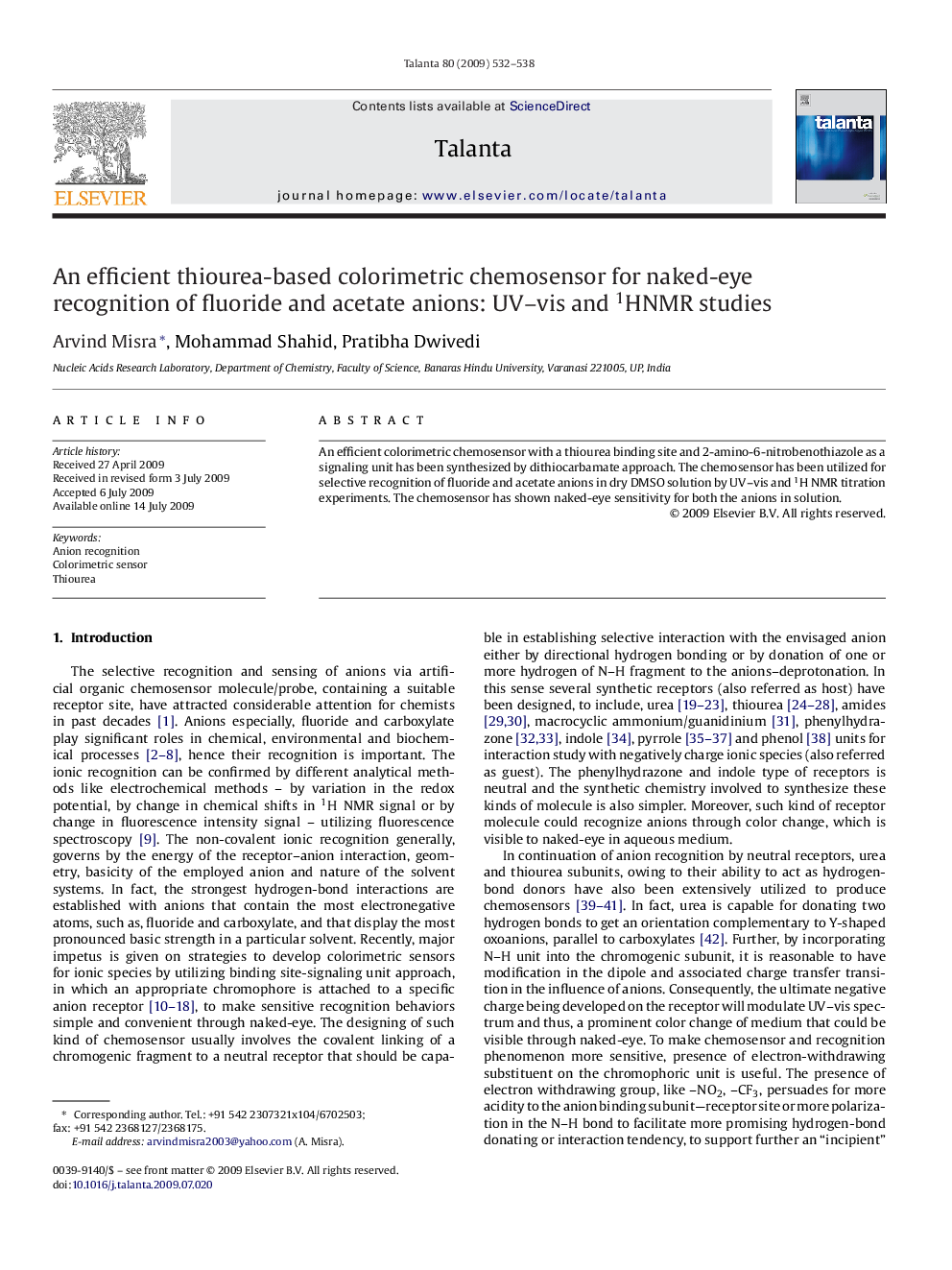 An efficient thiourea-based colorimetric chemosensor for naked-eye recognition of fluoride and acetate anions: UV–vis and 1HNMR studies