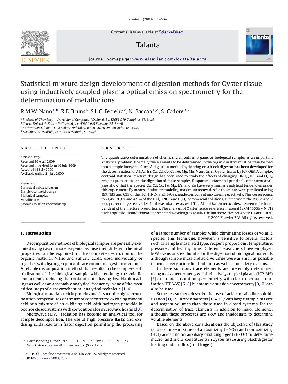 Statistical mixture design development of digestion methods for Oyster tissue using inductively coupled plasma optical emission spectrometry for the determination of metallic ions