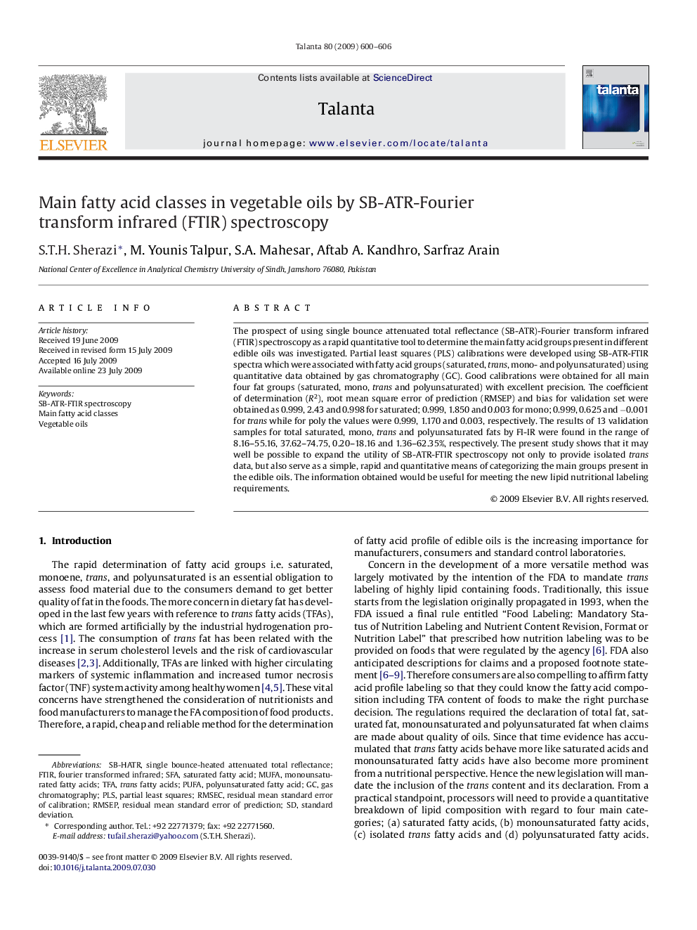 Main fatty acid classes in vegetable oils by SB-ATR-Fourier transform infrared (FTIR) spectroscopy