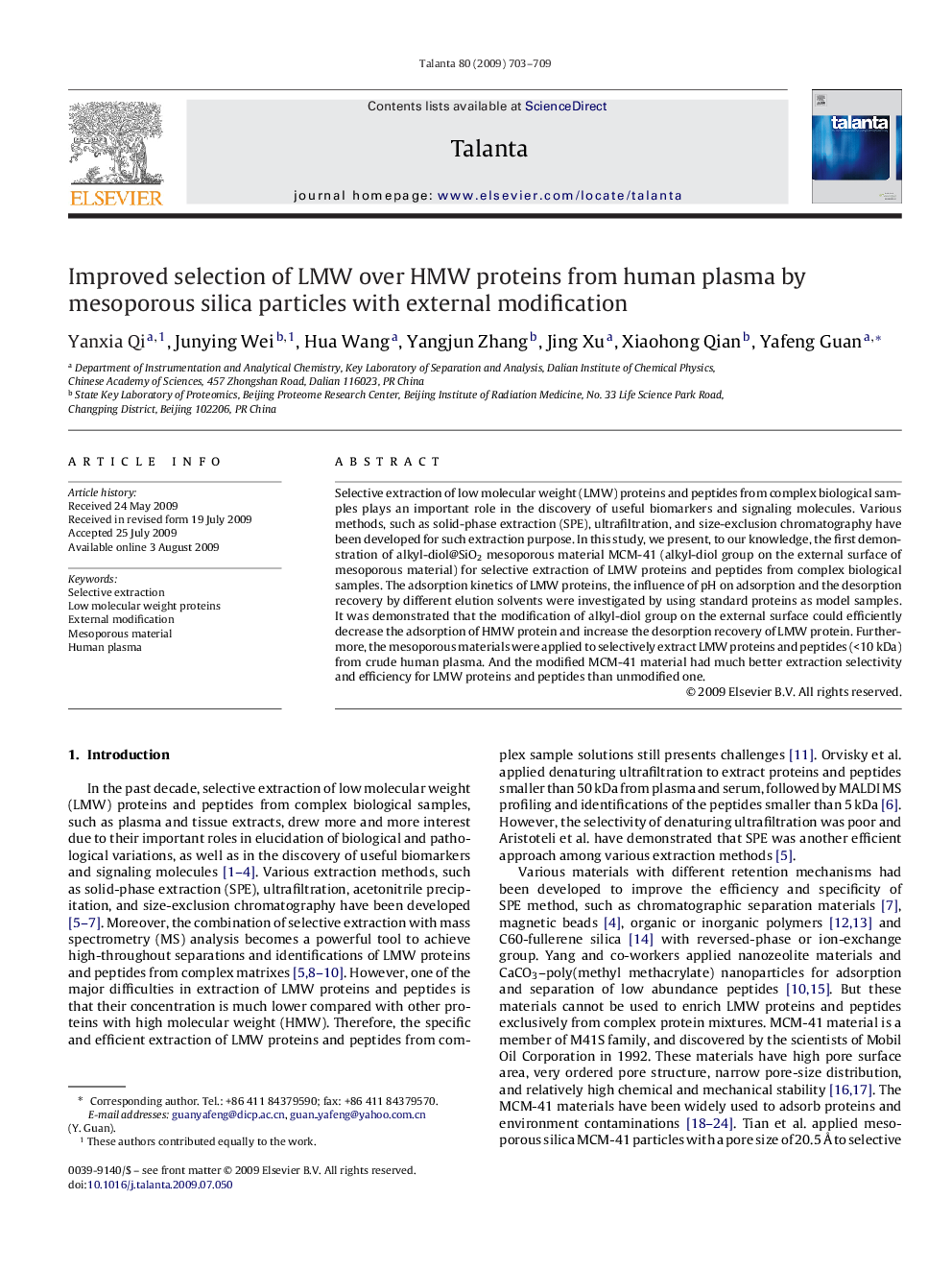 Improved selection of LMW over HMW proteins from human plasma by mesoporous silica particles with external modification