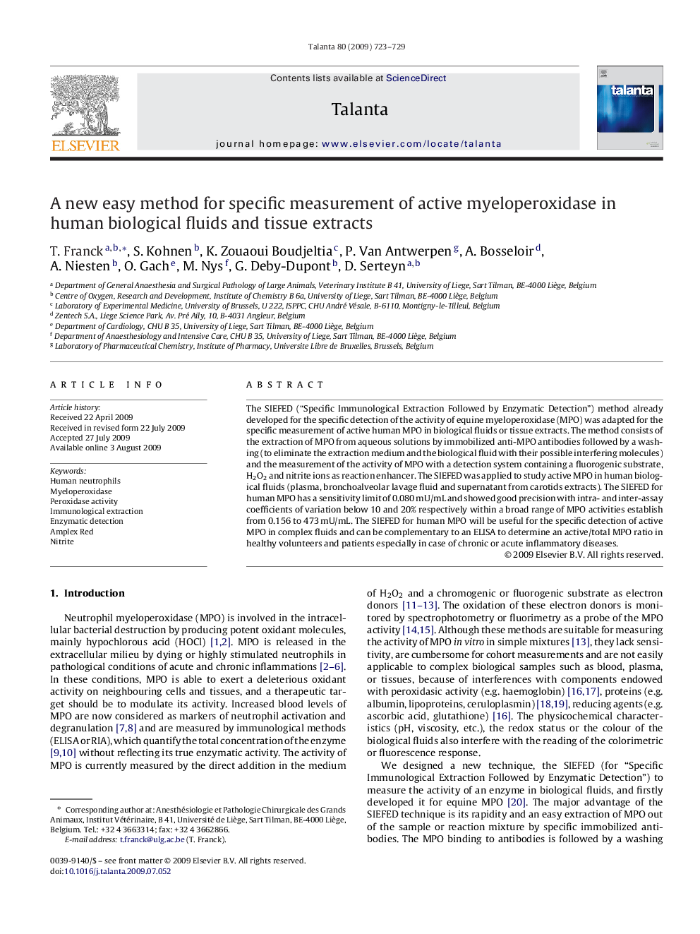 A new easy method for specific measurement of active myeloperoxidase in human biological fluids and tissue extracts