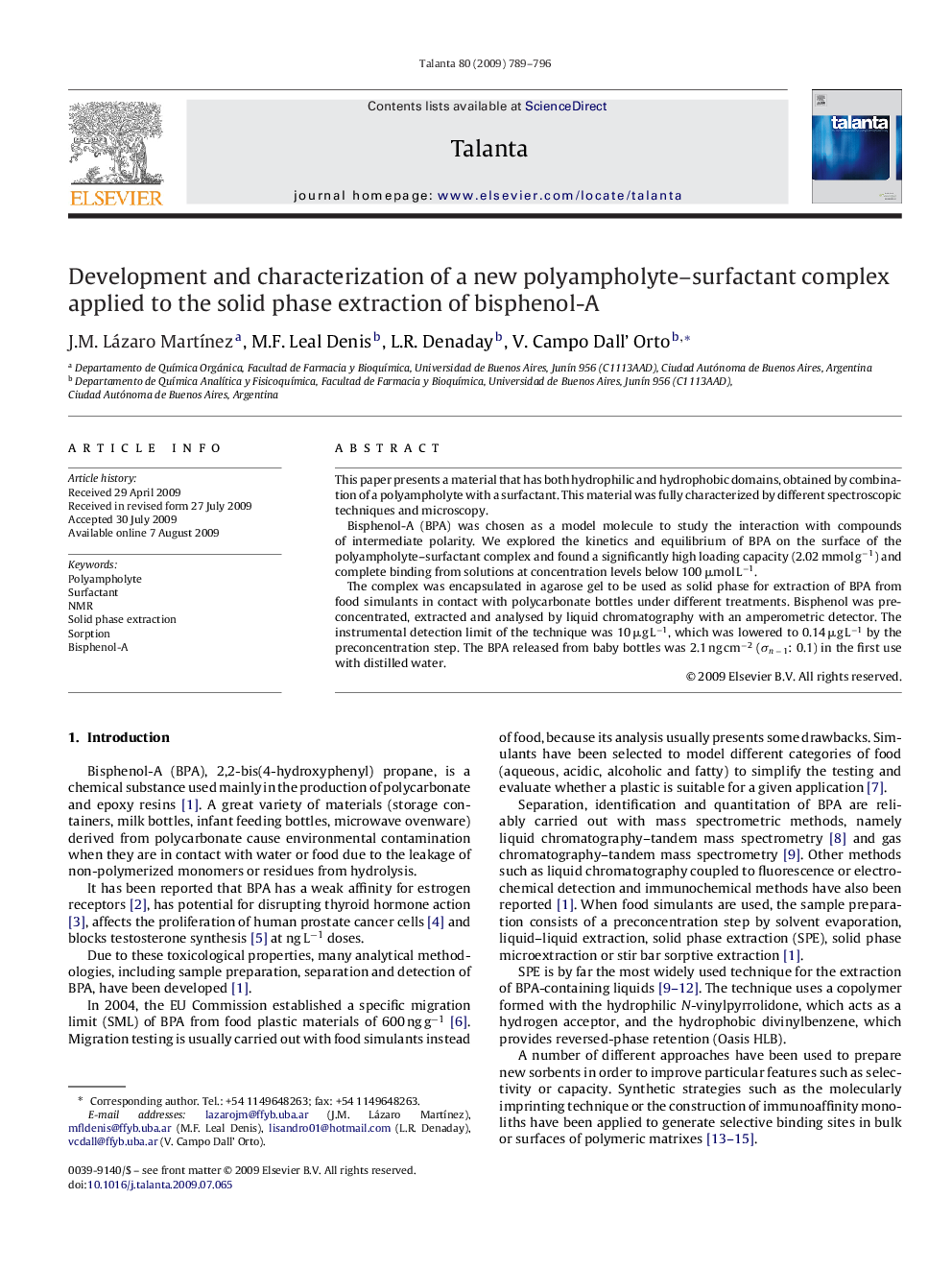 Development and characterization of a new polyampholyte-surfactant complex applied to the solid phase extraction of bisphenol-A