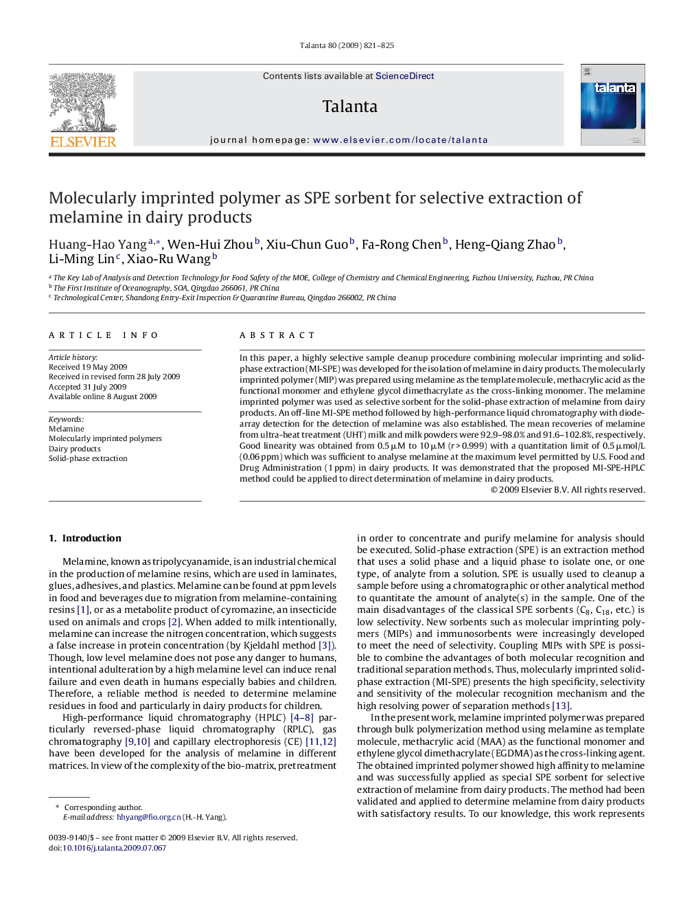 Molecularly imprinted polymer as SPE sorbent for selective extraction of melamine in dairy products