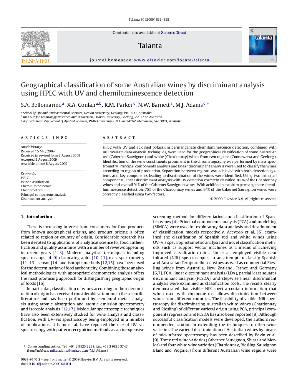 Geographical classification of some Australian wines by discriminant analysis using HPLC with UV and chemiluminescence detection