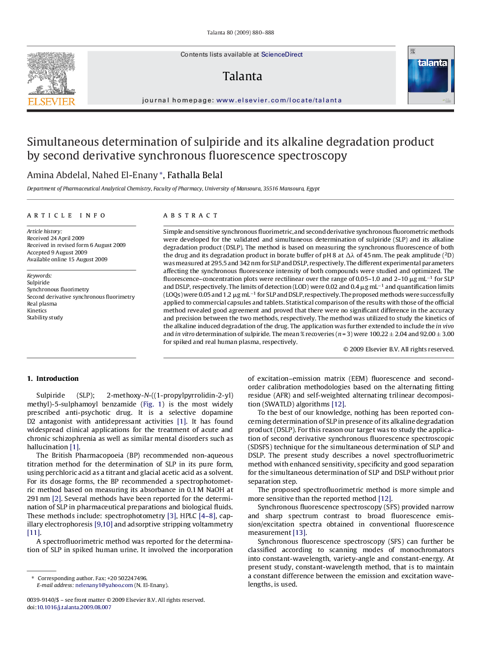 Simultaneous determination of sulpiride and its alkaline degradation product by second derivative synchronous fluorescence spectroscopy