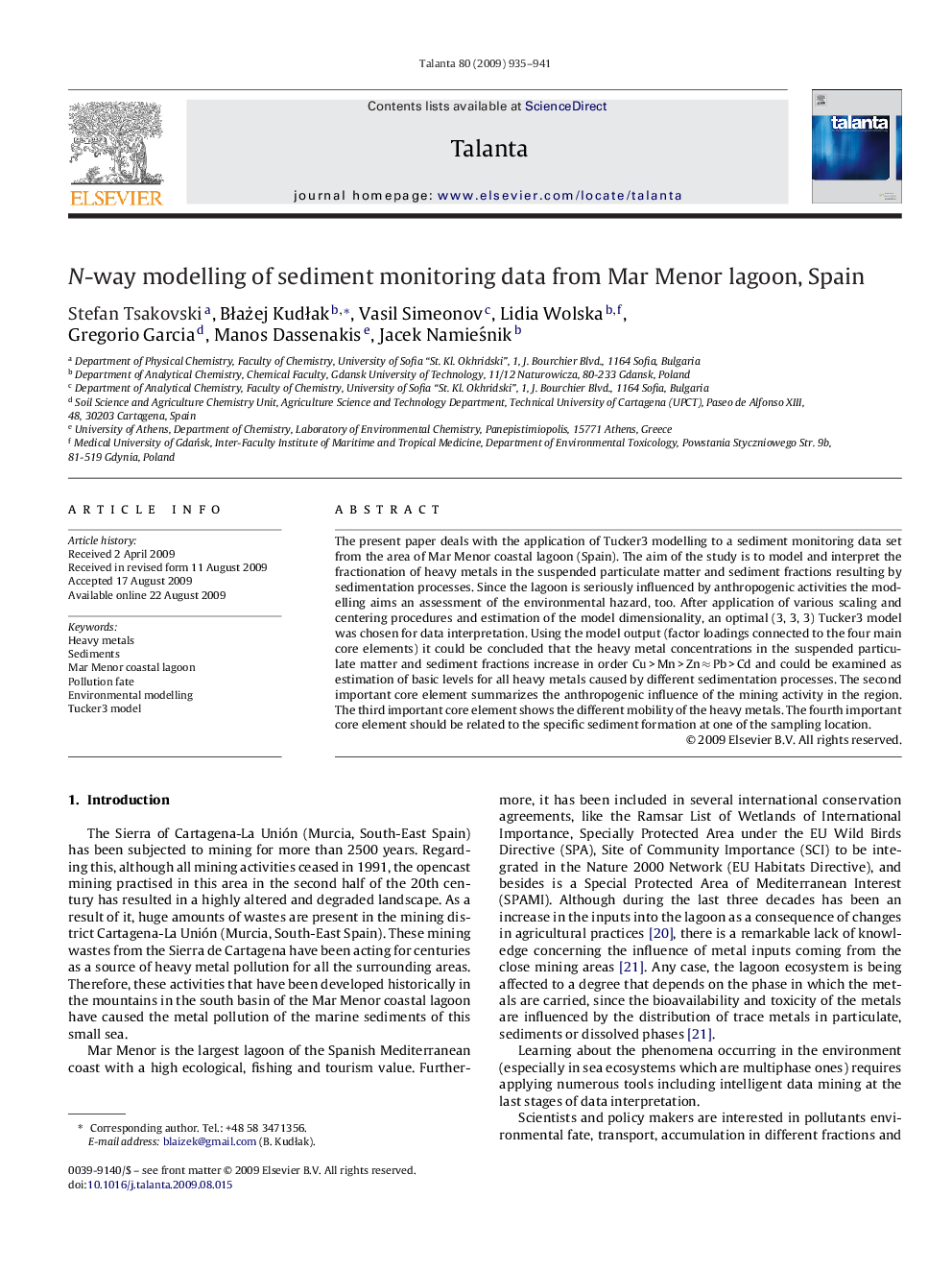 N-way modelling of sediment monitoring data from Mar Menor lagoon, Spain