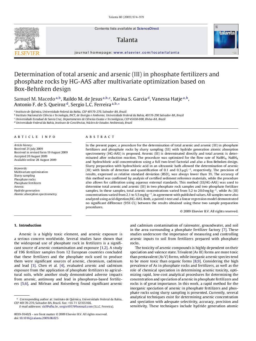 Determination of total arsenic and arsenic (III) in phosphate fertilizers and phosphate rocks by HG-AAS after multivariate optimization based on Box-Behnken design