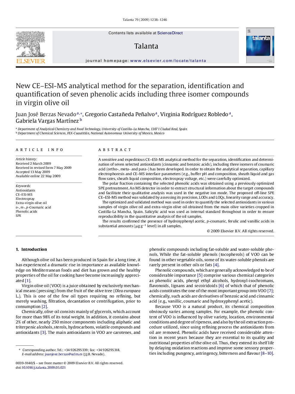 New CE–ESI-MS analytical method for the separation, identification and quantification of seven phenolic acids including three isomer compounds in virgin olive oil