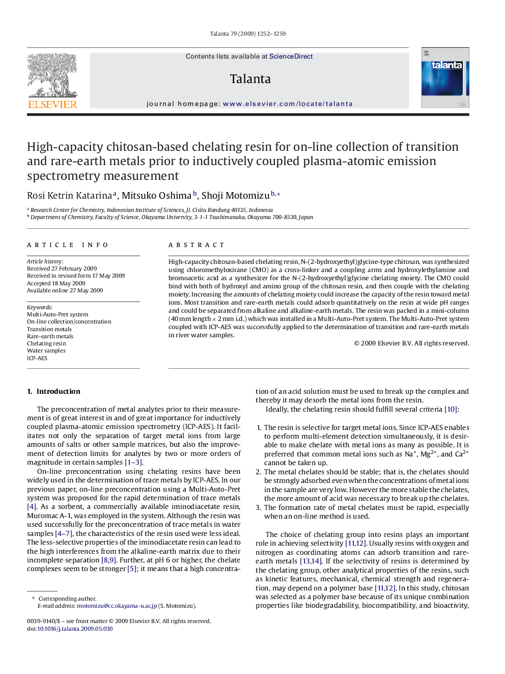 High-capacity chitosan-based chelating resin for on-line collection of transition and rare-earth metals prior to inductively coupled plasma-atomic emission spectrometry measurement