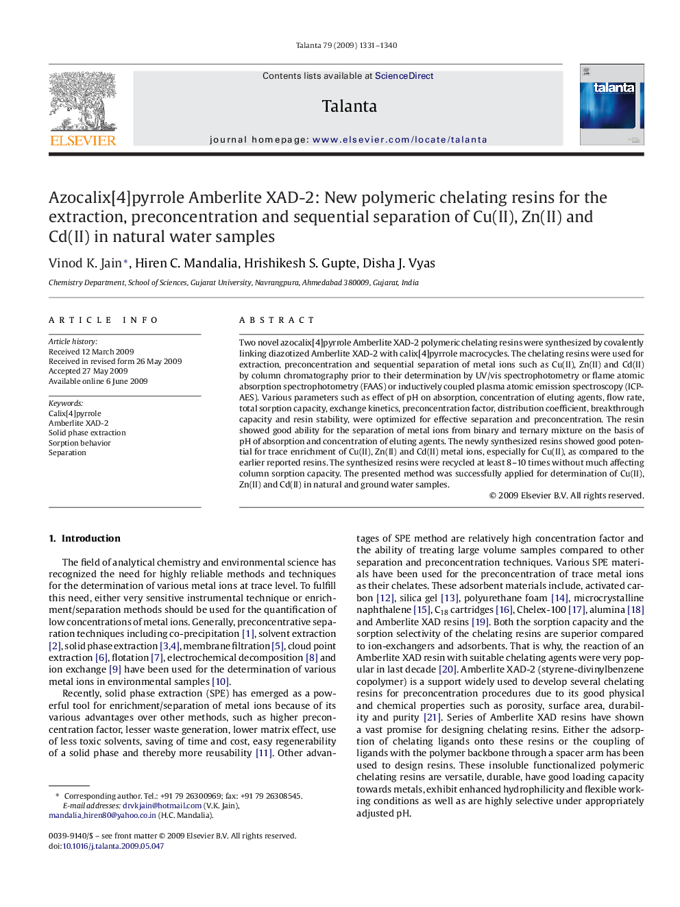 Azocalix[4]pyrrole Amberlite XAD-2: New polymeric chelating resins for the extraction, preconcentration and sequential separation of Cu(II), Zn(II) and Cd(II) in natural water samples