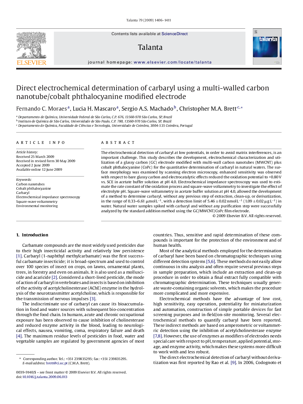 Direct electrochemical determination of carbaryl using a multi-walled carbon nanotube/cobalt phthalocyanine modified electrode