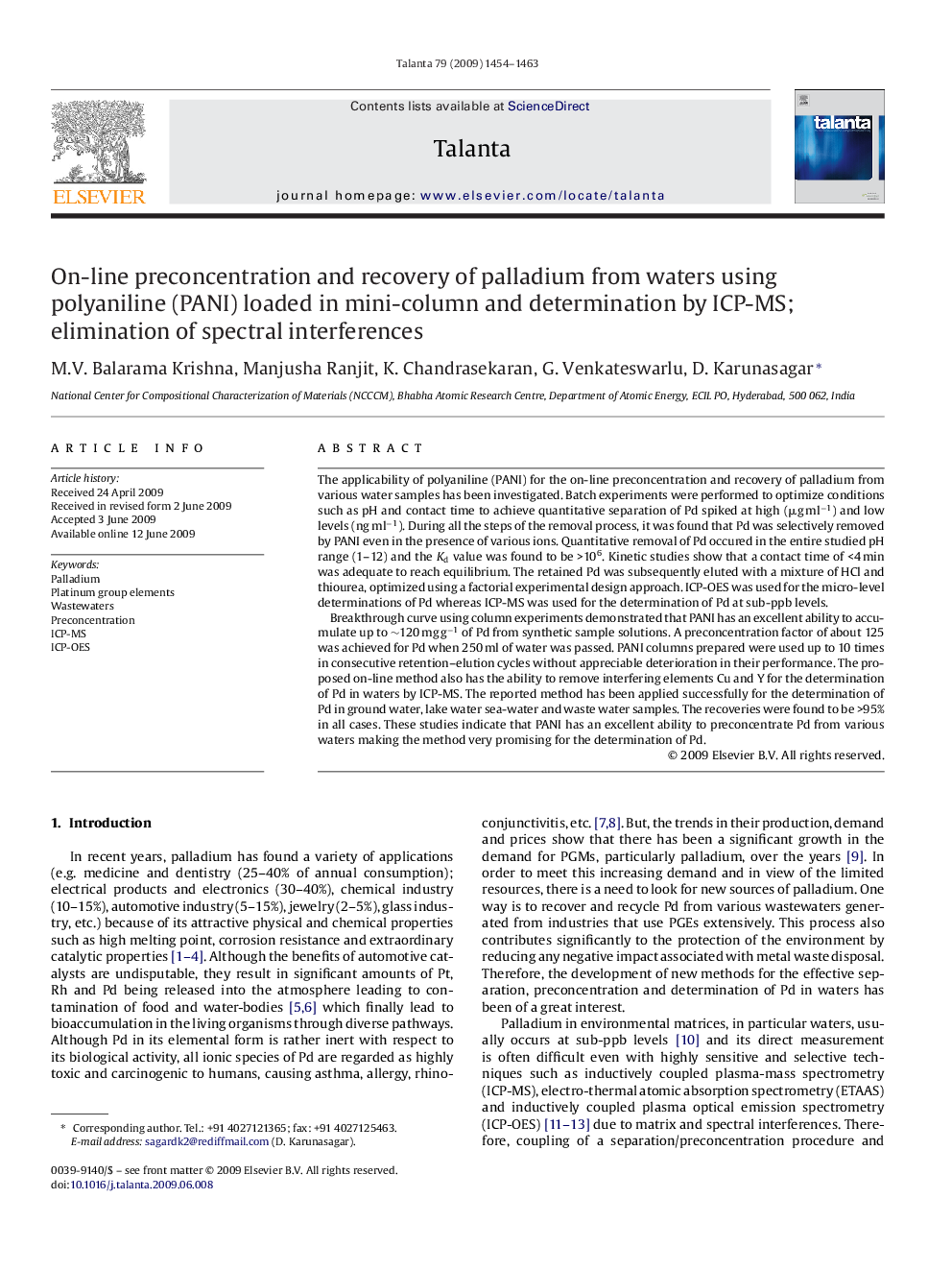 On-line preconcentration and recovery of palladium from waters using polyaniline (PANI) loaded in mini-column and determination by ICP-MS; elimination of spectral interferences