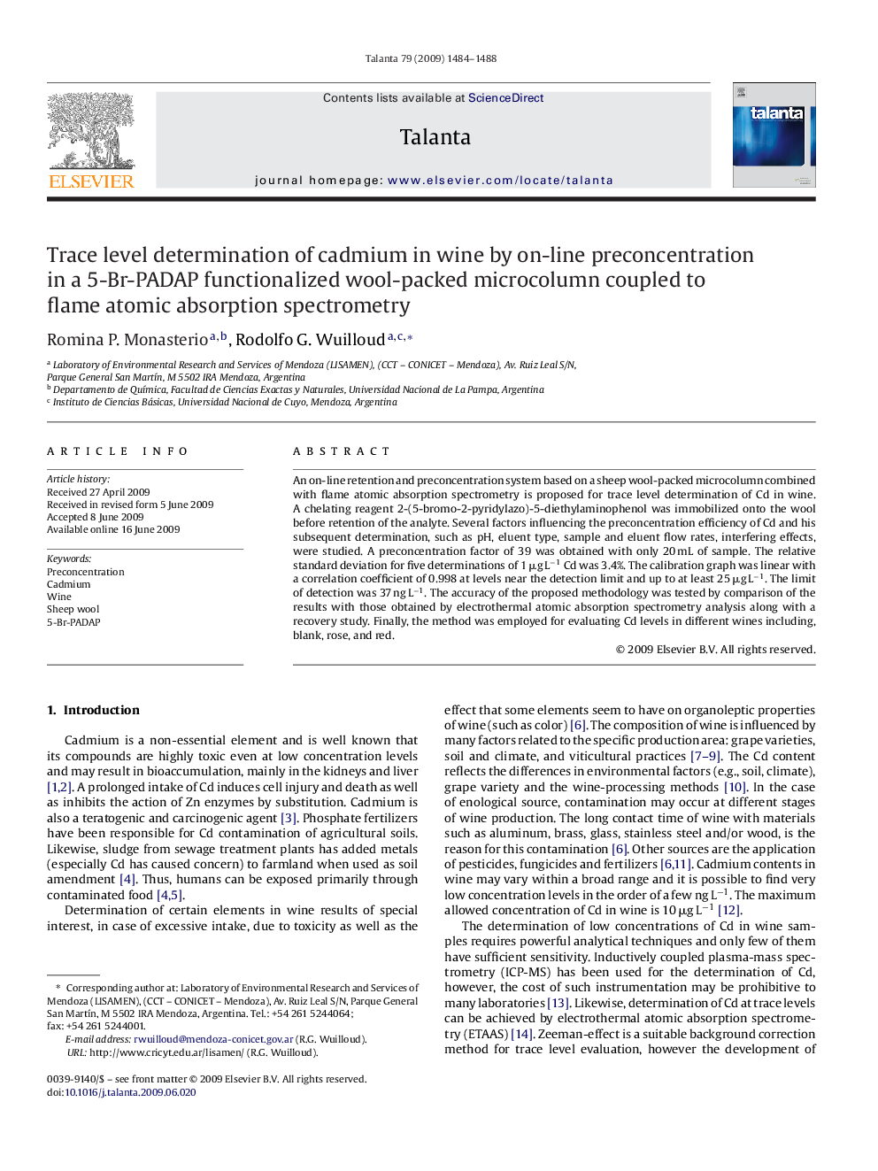 Trace level determination of cadmium in wine by on-line preconcentration in a 5-Br-PADAP functionalized wool-packed microcolumn coupled to flame atomic absorption spectrometry