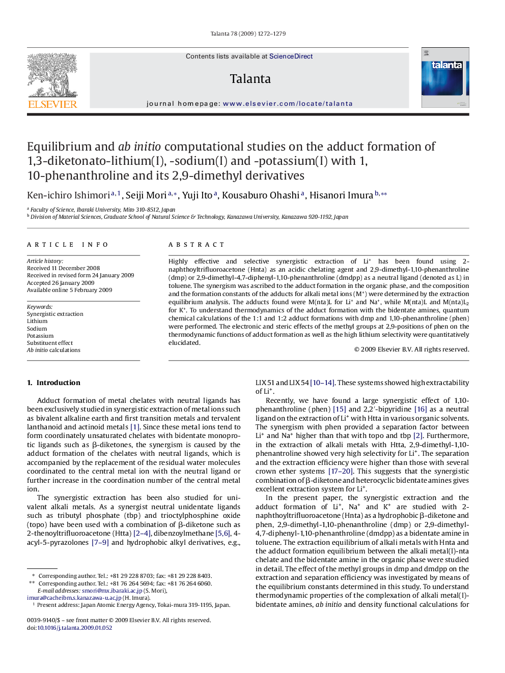 Equilibrium and ab initio computational studies on the adduct formation of 1,3-diketonato-lithium(I), -sodium(I) and -potassium(I) with 1,10-phenanthroline and its 2,9-dimethyl derivatives