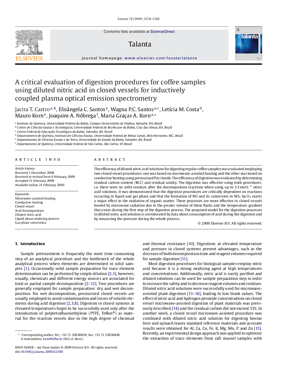 A critical evaluation of digestion procedures for coffee samples using diluted nitric acid in closed vessels for inductively coupled plasma optical emission spectrometry