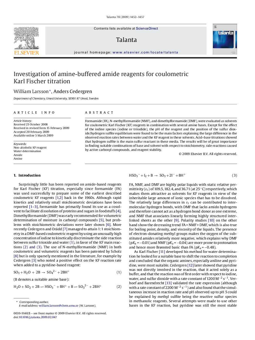 Investigation of amine-buffered amide reagents for coulometric Karl Fischer titration