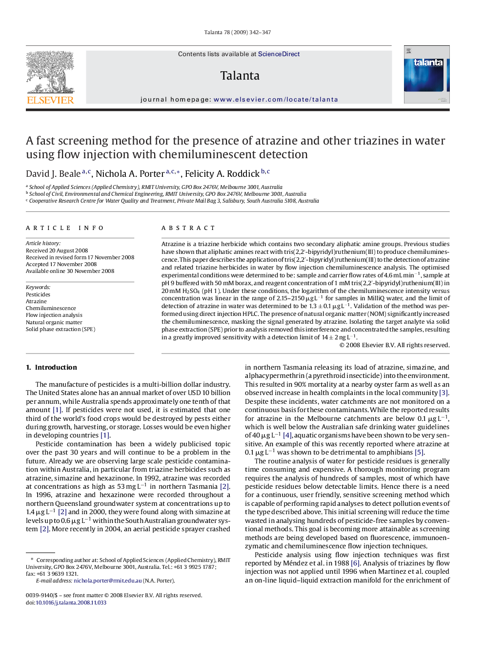 A fast screening method for the presence of atrazine and other triazines in water using flow injection with chemiluminescent detection