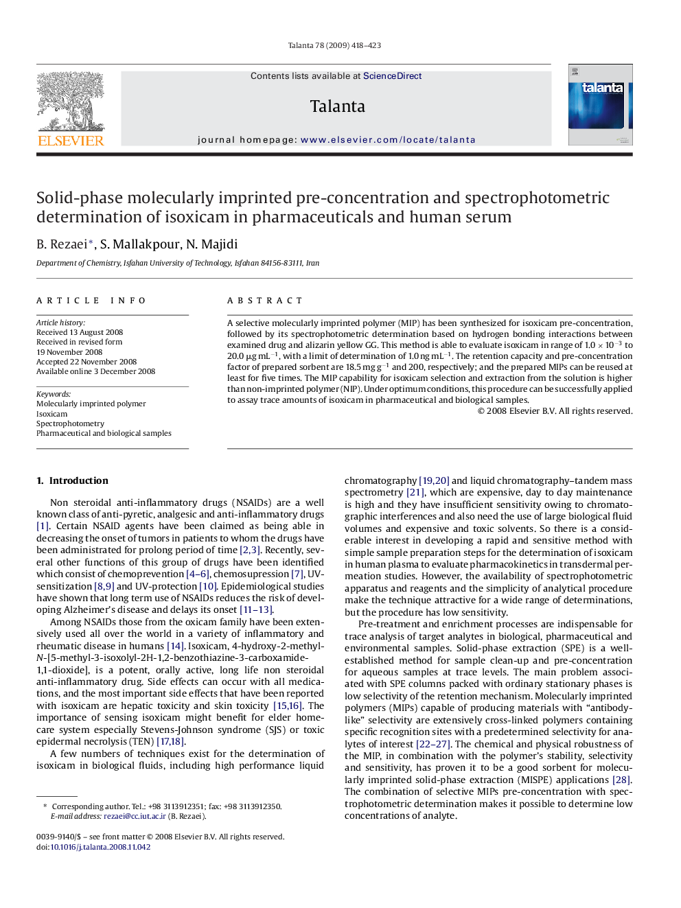 Solid-phase molecularly imprinted pre-concentration and spectrophotometric determination of isoxicam in pharmaceuticals and human serum