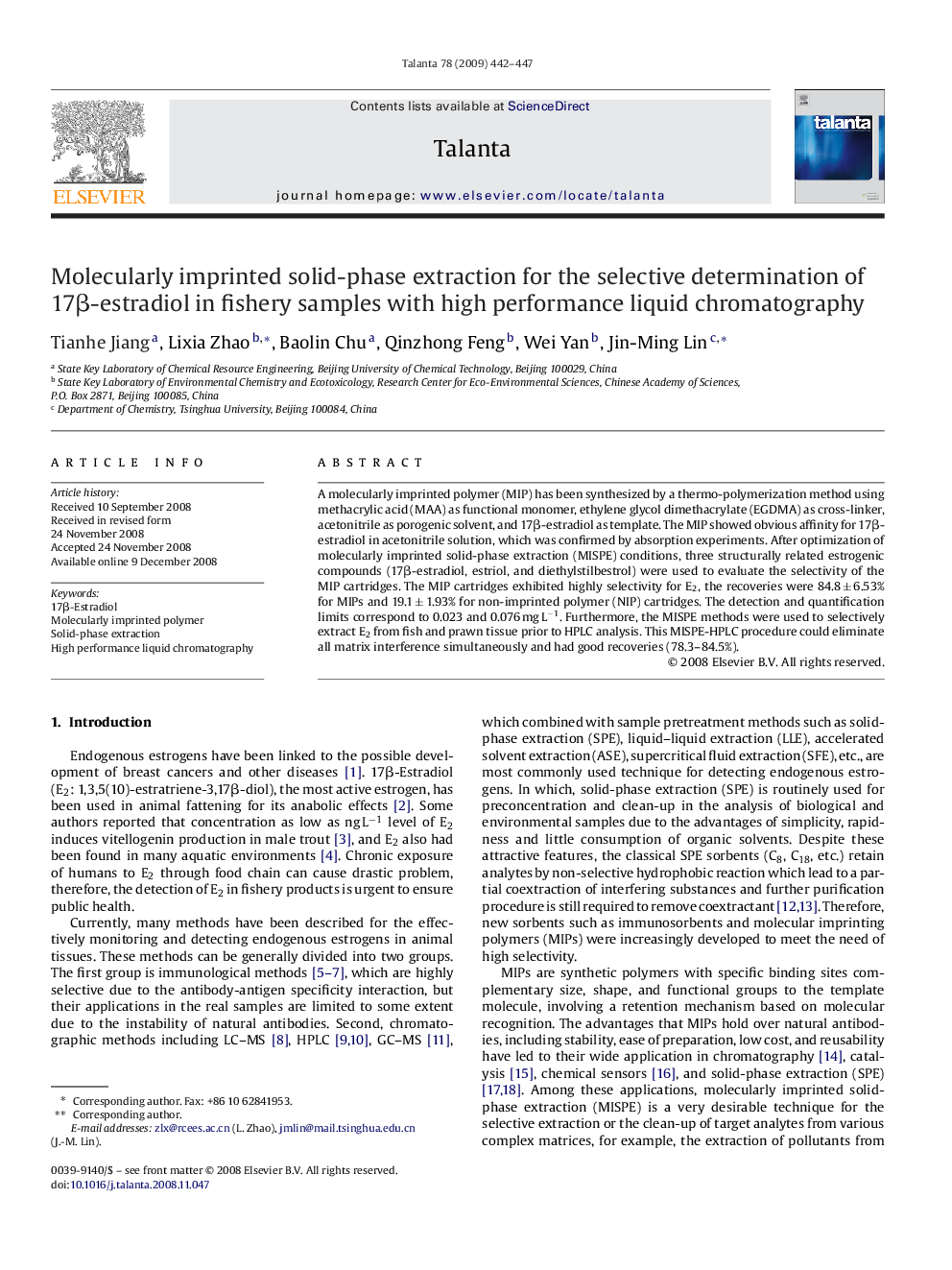 Molecularly imprinted solid-phase extraction for the selective determination of 17β-estradiol in fishery samples with high performance liquid chromatography