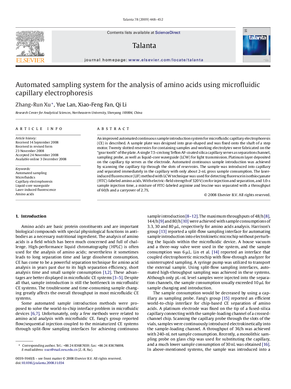 Automated sampling system for the analysis of amino acids using microfluidic capillary electrophoresis