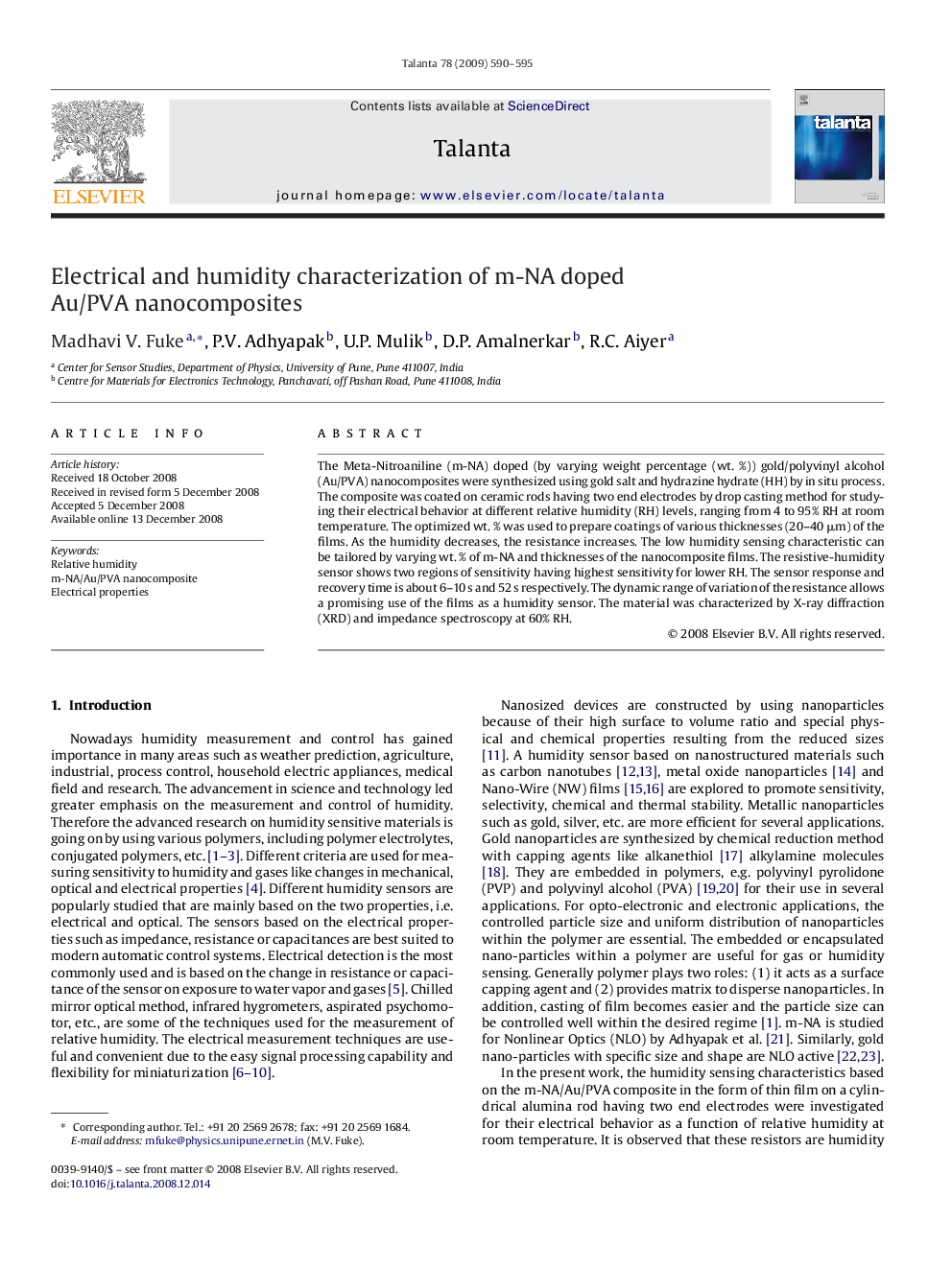 Electrical and humidity characterization of m-NA doped Au/PVA nanocomposites